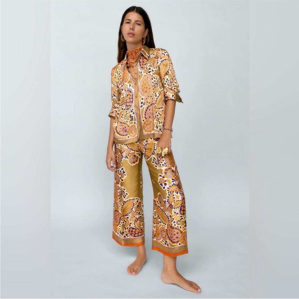 Zara Golden Paisley Print Satin Marching Set M